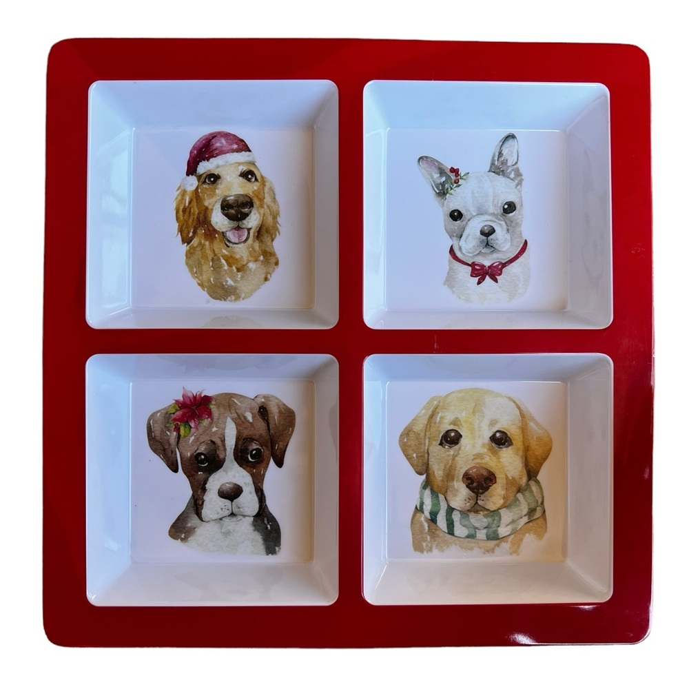 Cynthia Rowley Square Compartment Serving Platter Melamine Dogs Holiday Pups
